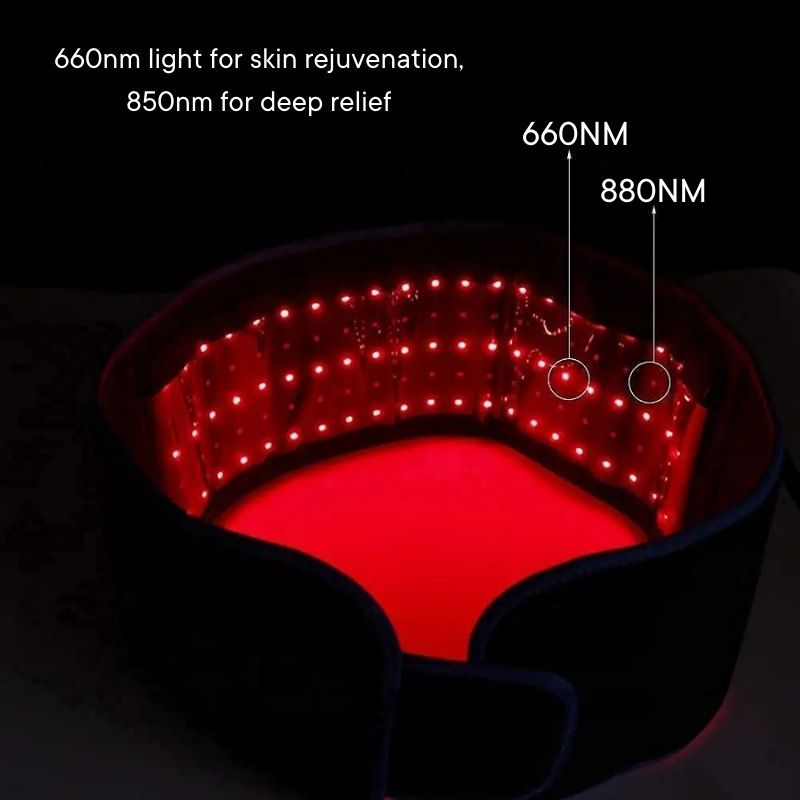 red light therapy belt in black with nm readings