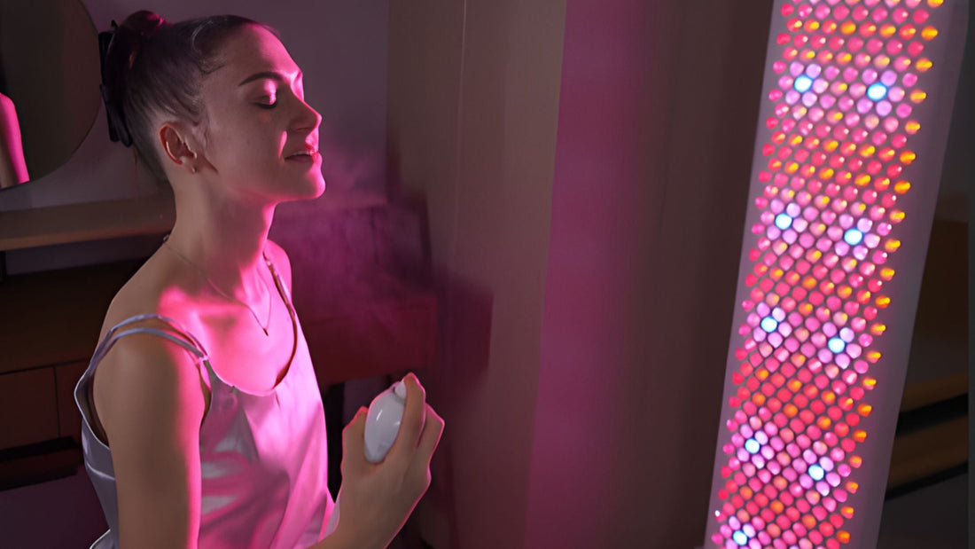woman using red light therapy panel while spraying her face with water