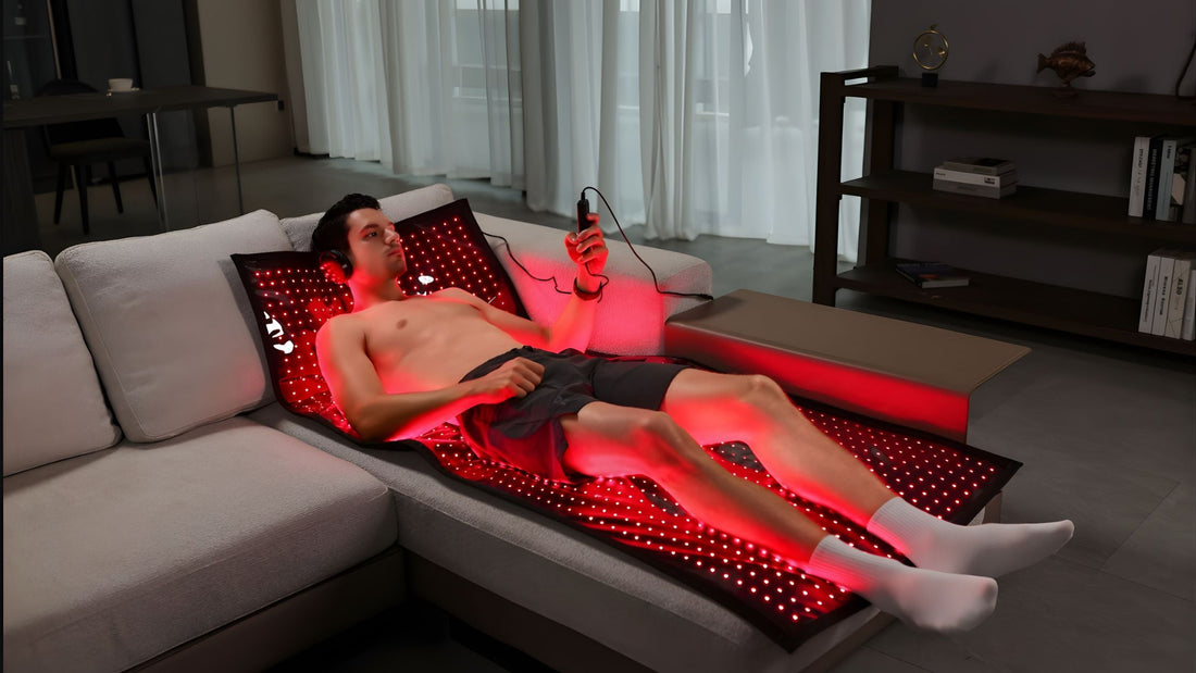 man laying on red light therapy mat while holding controller