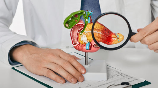 medical professional holding magnifying glass up to pancreas  
