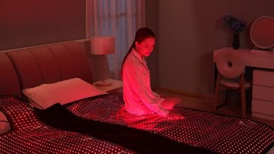 woman sitting on red light therapy bed while looking into the LEDS