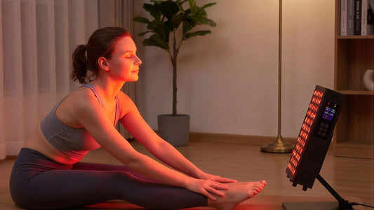 woman staring at red light therapy panel from a distance away