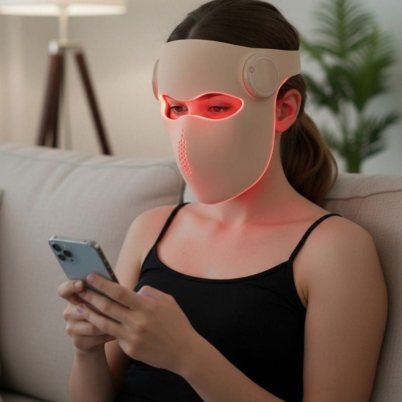 LaserLightTherapyMaskwithWomanOnPhone