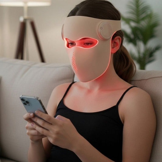 LaserLightTherapyMaskwithWomanOnPhone