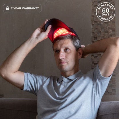 Red Light Therapy Cap On Top of Mans Head