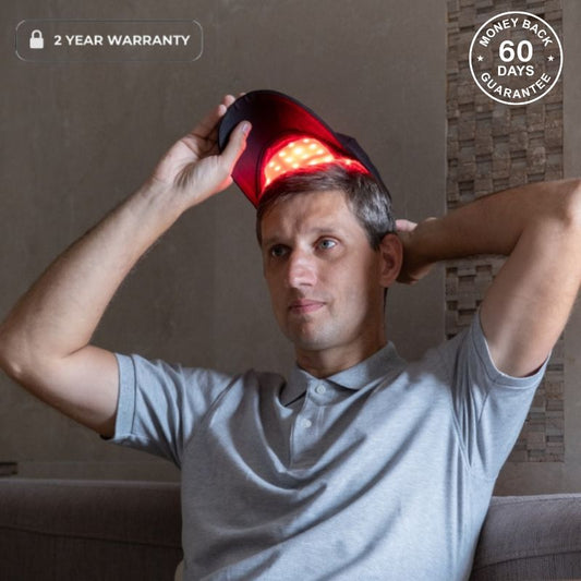 Red Light Therapy Cap On Top of Mans Head