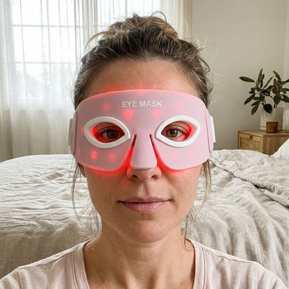 Woman_Staring_at_camera_with_under_eye_red_light_therapy_wrap