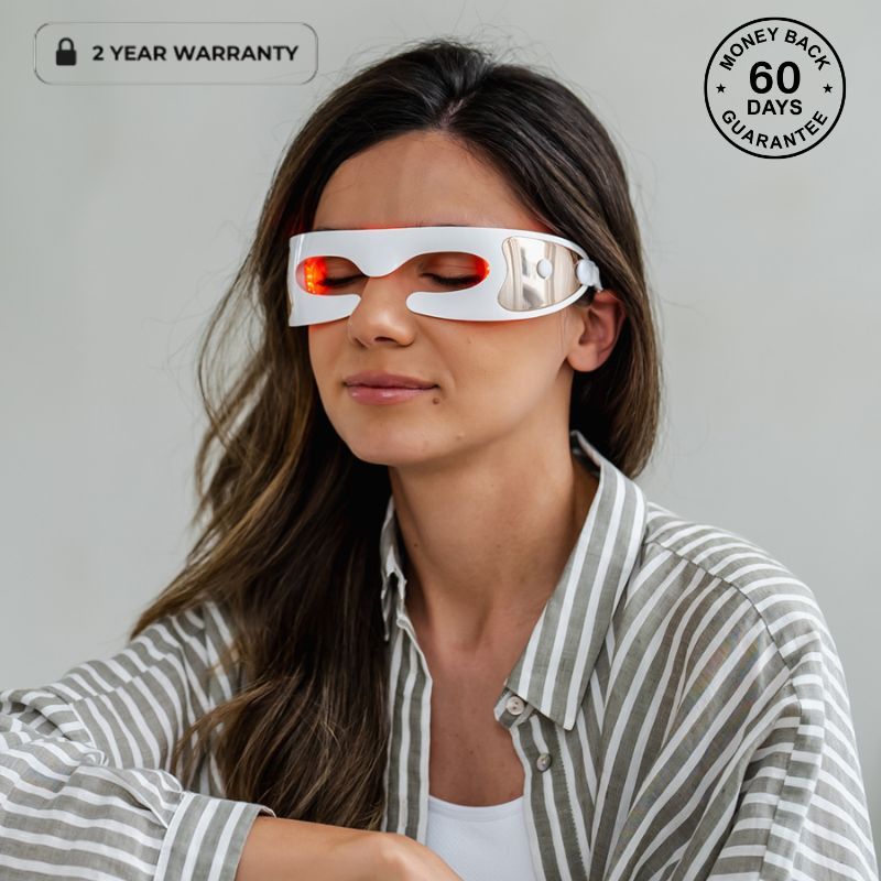Woman Wearing Red Light Therapy Glasses For Under Eyes