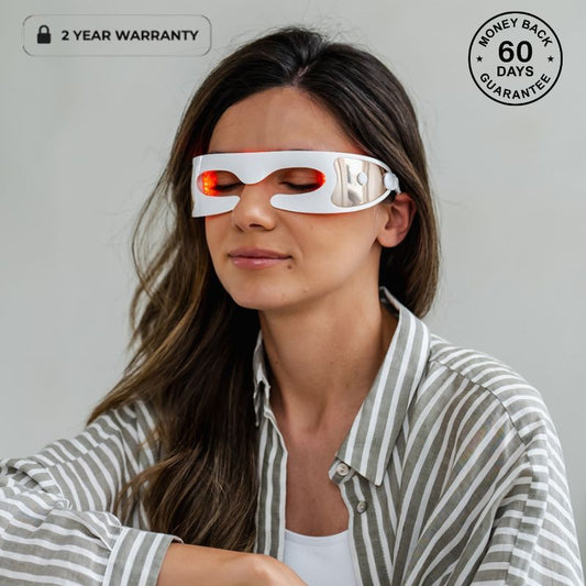 Woman Wearing Red Light Therapy Glasses For Under Eyes