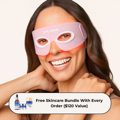 Woman Wearing red light therapy eye wrap with offer 
