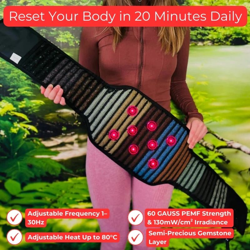 frontviewofwomanholdingWearablePemfBeltwithRedLightTherapy_2e6d5bb3-f346-490c-9cef-23d2f309c942