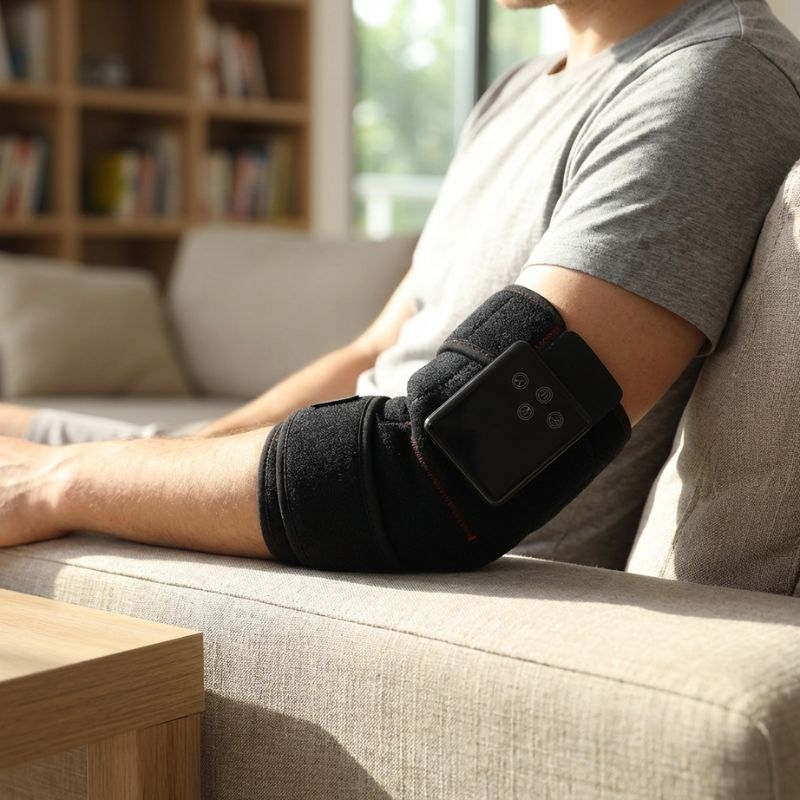 man_resting_arm_on_couch_with_joint_wrap_on_elbow
