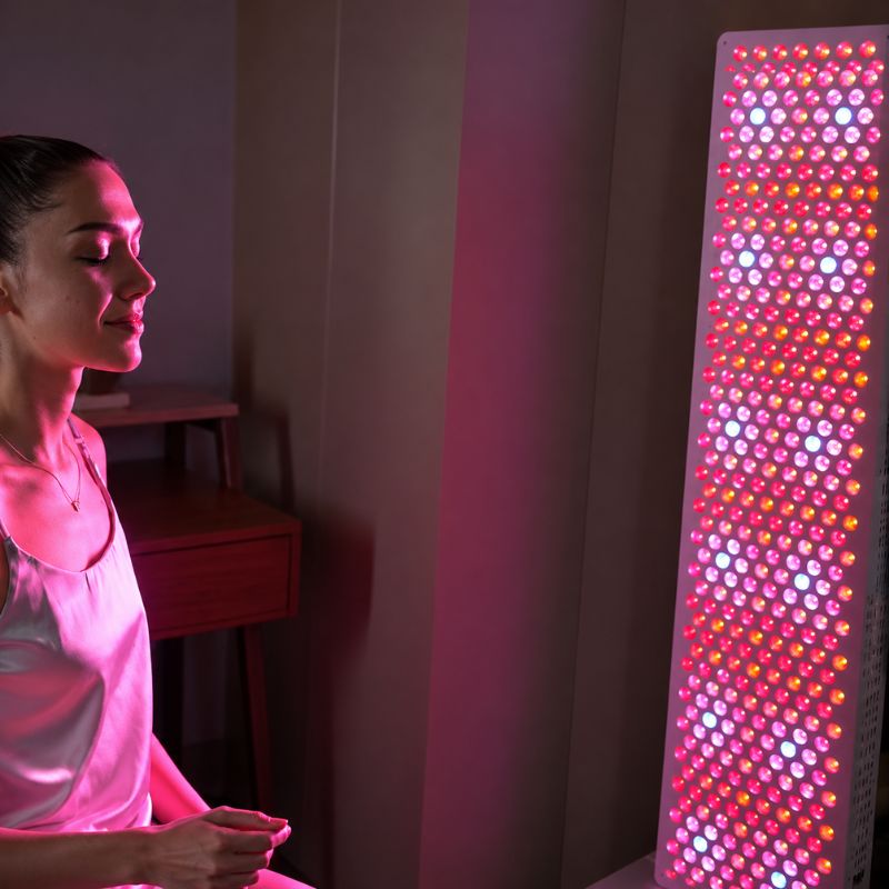 medicalgraderedlighttherapypanelss450prowomansittinginfrontofpanel