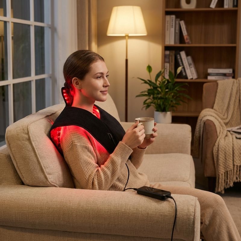 red_light_therapy_for_neck_and_shoulders_with_lady_holding_coffee