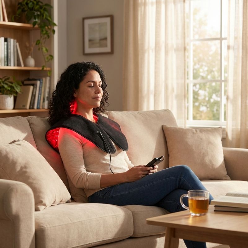 red_light_therapy_for_neck_and_shoulders_with_lady_sitting_down_holding_controller_and_closing_eyes