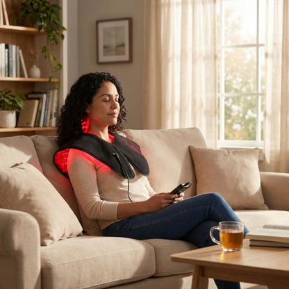 red_light_therapy_for_neck_and_shoulders_with_lady_sitting_down_holding_controller_and_closing_eyes