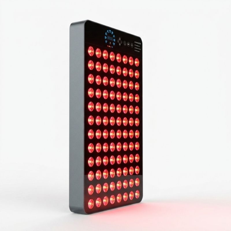 Rectangular device with red LED lights on a white background