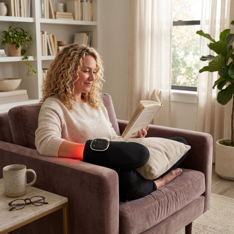 woman_cross_legged_on_the_couch_with_the_red_light_therapy_for_hands_glove