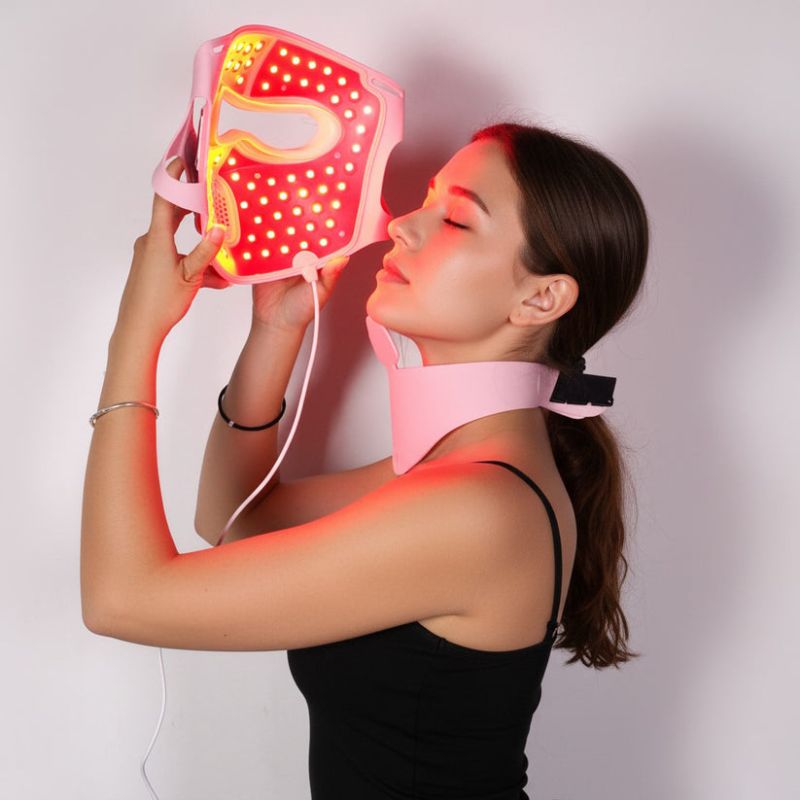 woman_holding_pink_face_mask_up_to_face_while_wearing_pink_neck_mask