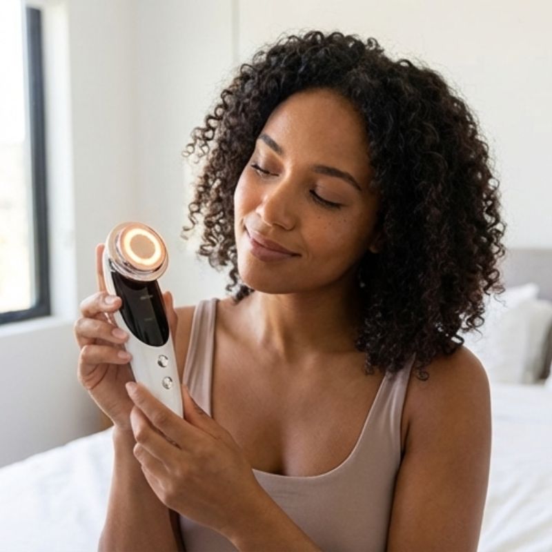 woman_holding_radio_frequency_machine_with_red_light_emitting_from_it