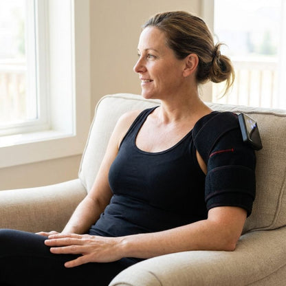 woman_on_couch_wearing_red_light_therapy_joint_brace