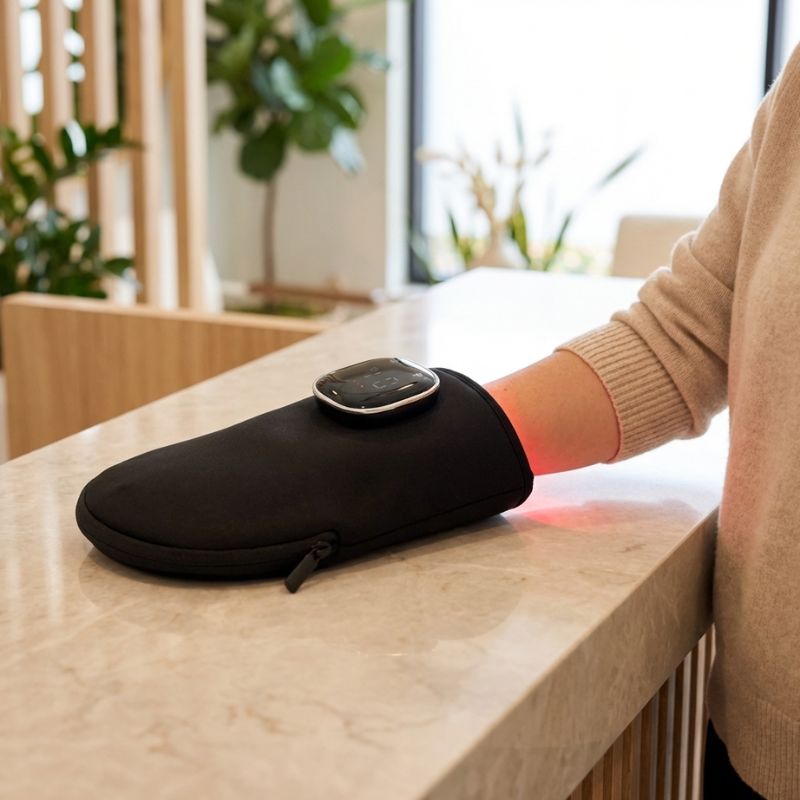 woman_resting_hand_with_red_light_therapy_glove_on_benchtop
