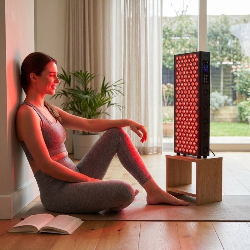 woman_smiling_and_looking_at_mid_size_red_light_panel