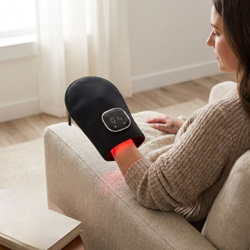 woman_staring_at_red_light_therapy_for_hands_glove_with_it_on_her