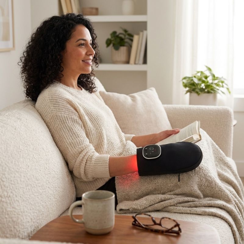 woman_with_book_and_sitting_on_the_couch_with_the_red_light_therapy_for_hands_glove