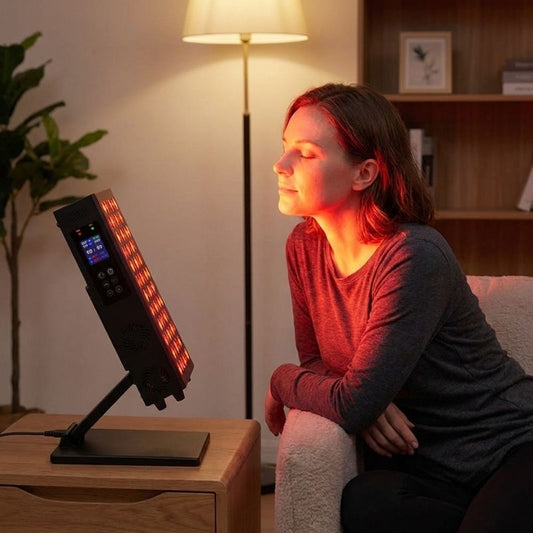 womanleaningintodesktopredlighttherapypanel