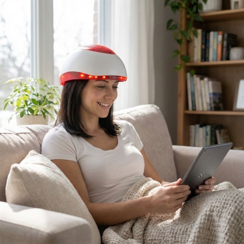 womanlookingattabletwithlaserhelmet