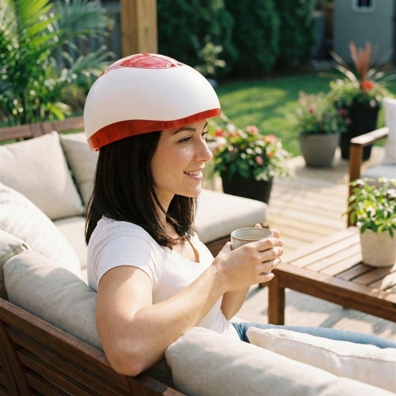 womansmilingwhileholdingcoffeemugwithlaserhelmet