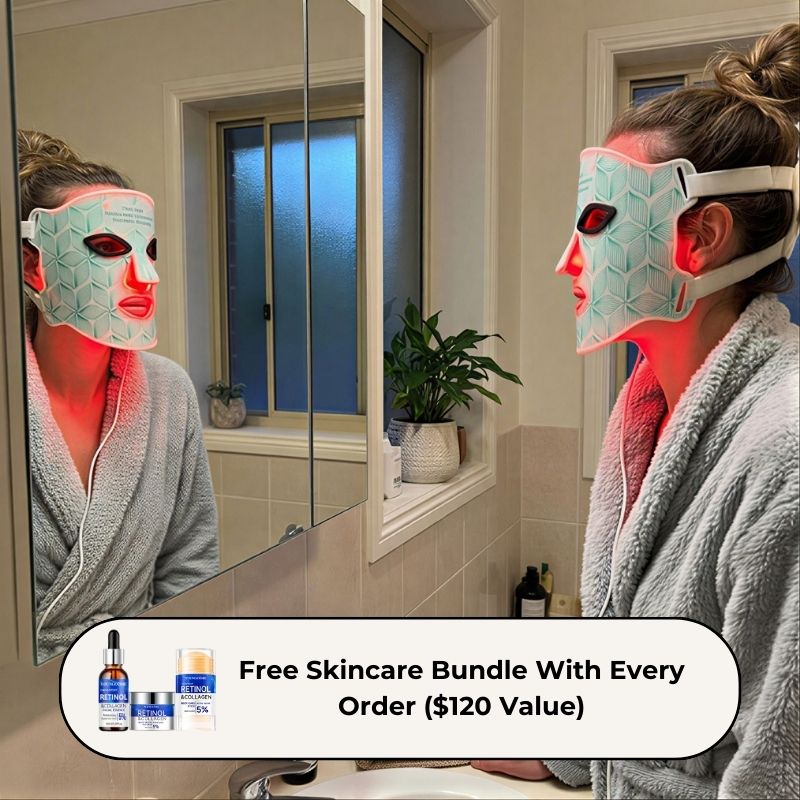 womanstaringintomirrorwithledlighttherapymaskwithskincareoffer