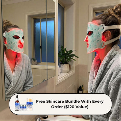 womanstaringintomirrorwithledlighttherapymaskwithskincareoffer