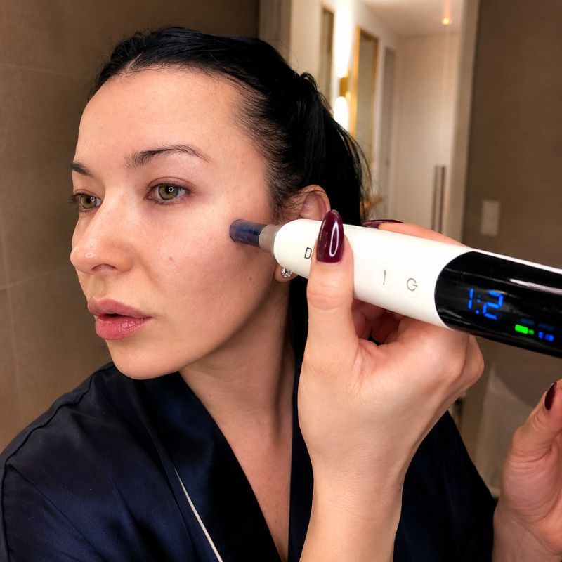 womanusingm9microneedlingpenonface1