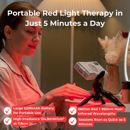 womanusingportableredlighttherapypanelontripod