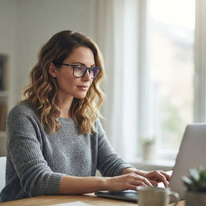 womanwearingdaytimeglassesworkingoncomputerinthelight